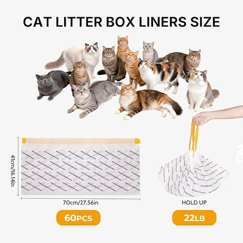 60 Count Automatic Cat Litter Box Bags Compatible with Autoscooper 11, 27.56"x16.14" Thick Replacement Liners for Self-Cleaning Cat Litter Box, Heavy Duty Disposable Waste Bags (3 Rolls, 20 Each)