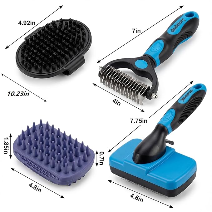 4PCS Self Cleaning Slicker Brush, Pet Grooming Rake, Bath Brush & Massage Brush for Short/Long Haired Dogs, Cats & Horses, Pet Grooming Deshedding Tools - Pet Supplies (Blue Black)