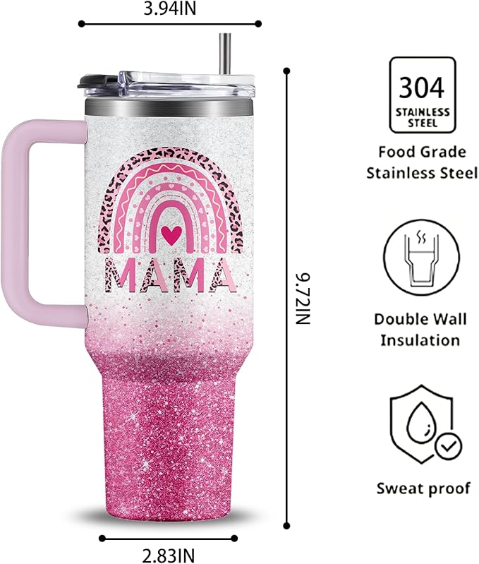 Gifts for Mom - Mama Tumbler 40 oz with Handle and Straw, Leak Proof Insulated Cup - Christmas, Mothers Day Present from Daughter Son, New Mom Gift