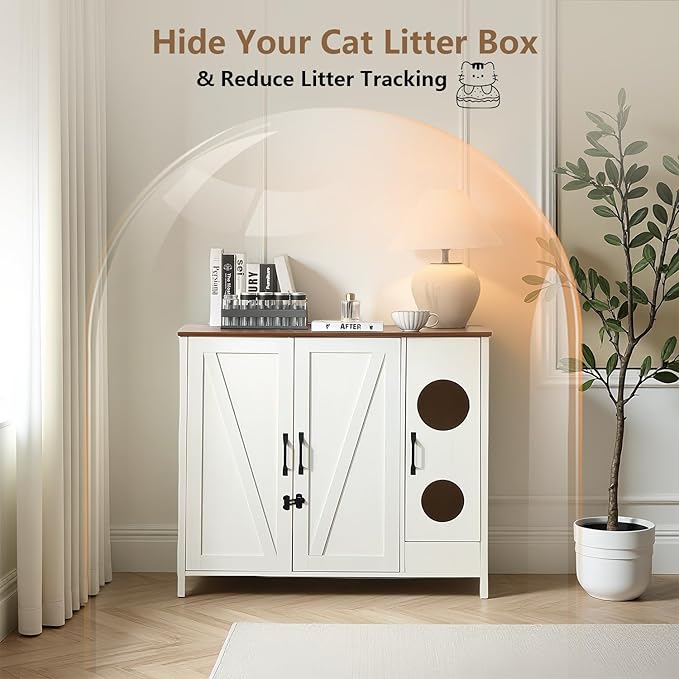 Large Litter Box Enclosure with Cat-Exclusive Dog-Proof Entrance, Litter Cabinet with Power Outlet and Litter Collector, for Placing Cat Robot 3/4 (Antique White)
