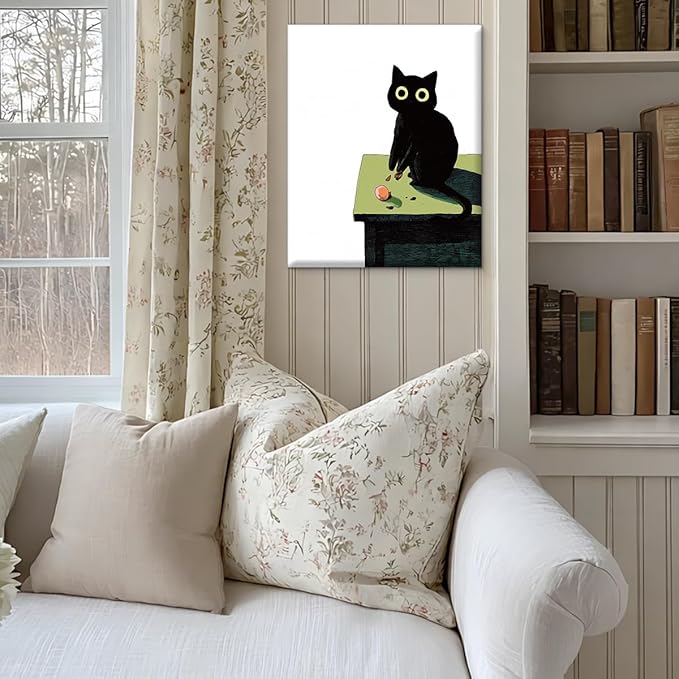 Modern Black Cat Wall Art Decor Cute Cartoon Kitten Print Picture Cat Lover Gifts Wall Decor for Home Living Room 8x10 Inch Canvas Framed