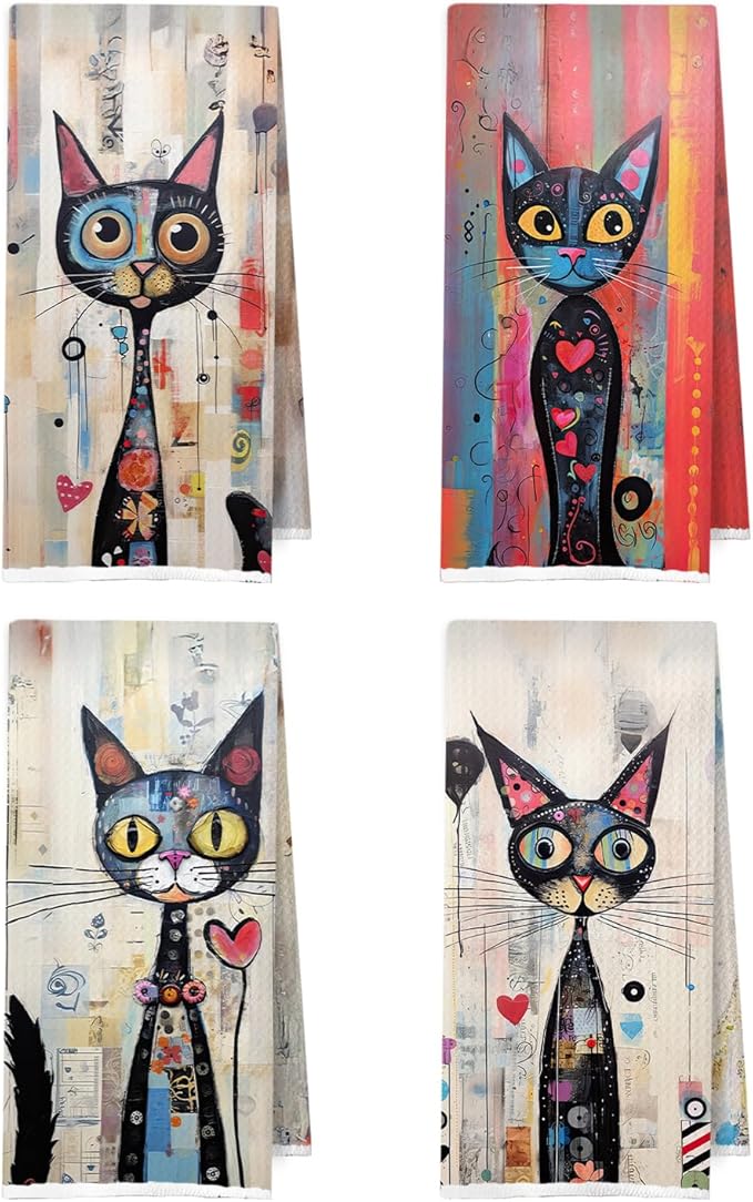 Black Cat Kitchen Towels Set - Whimsical Cat Lovers Waffle Decorative Dish Towels, Whimsical Abstract Hand Towel, Black Kitten Tea Towel, 16x24 Inch