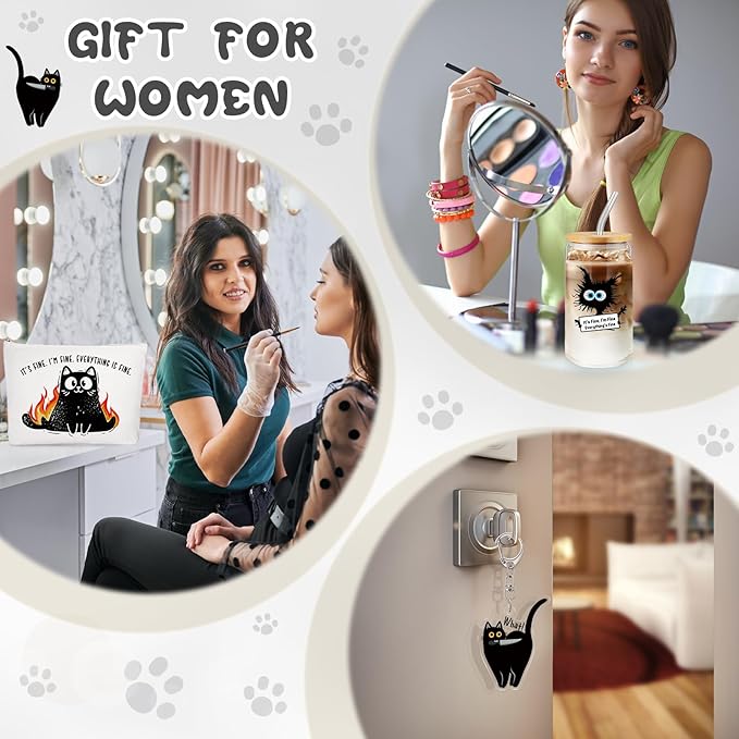 Hushee 3 Pcs Cat Lover Gifts for Women Gifts Everything Is Fine Makeup Bag and Glass Cup with Lid Straw Keychain for Mother Day Friends Mom Coworker Favors