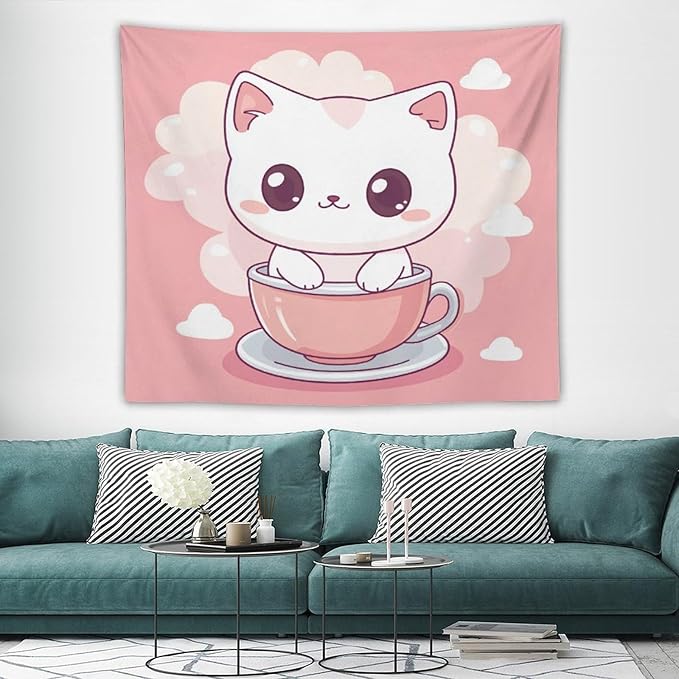 MaSiledy Tapestry As Wall Art Kawaii Cat Tapestry Cute Kitten Cat Meow Wall Hanging Wall Tapestry Aesthetic for Bedroom Colorful Wall Hanging Aesthetic Wall Art For Room Decor 50"x60"