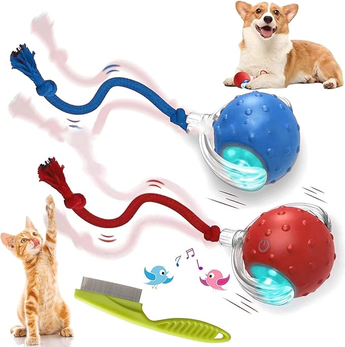 2026 New Dog Toy, Motion Dog Toy, Interactive Rolling Ball with Birdsong, Smart 360° Automatic Rolling Electric Dogs Ball Toys with Rope for Dogs and Cat Indoor Play (2Mix)