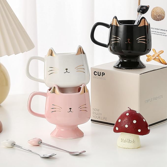 Yuwu Ceramic Coffee Mug, Cute Cat Tea Mug with Spoon, Funny Gifts for Women Girls for cat lovers (Pink)