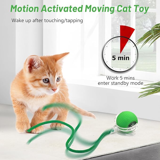 Smart Interactive Cat Toy - Automatic Moving Ball with 3 Modes, Motion Activated Self-Rolling with Long Tail & LED - Enrichment for Bored Indoor Cats (Green)