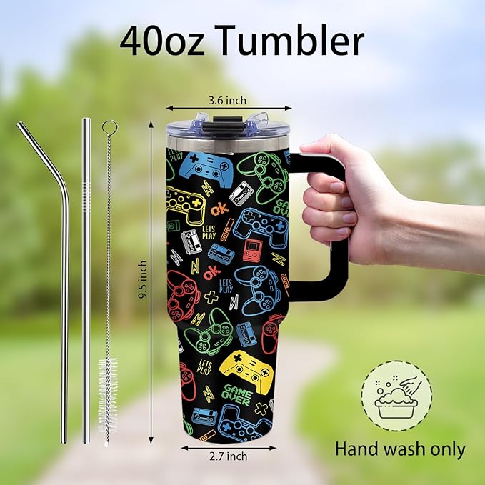 Gifts for Gamer - 40oz Game Tumbler with Straw and Handle, Leak-proof, Stainless Steel Insulated Tumblers, Travel Coffee Mug for Games Lovers Boys, Video Games Enthusiasts Gift Cup for Girls