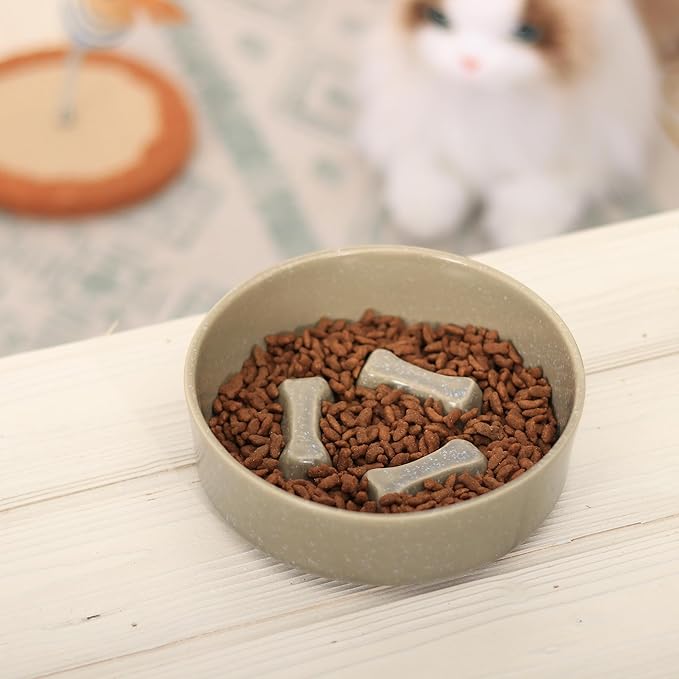 Ceramic Slow Feeder Cat Bowls 6 Inch Cute Bone Slow Feeding Dog Food Bowl,Whisker-Friendly, Anti-Vomiting Feeder for Cats and Small Dogs Non Slip Dishwasher/Microwave Safe (Grey)