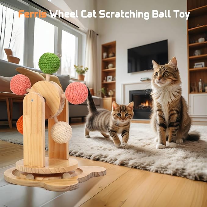 Cat Toy Ball Track,2-in-1 Interactive Cat Toy for Indoor Cats,Natural Sisal Ball with Solid Wooden Base,Spinning Ball Cats Scratcher Toy