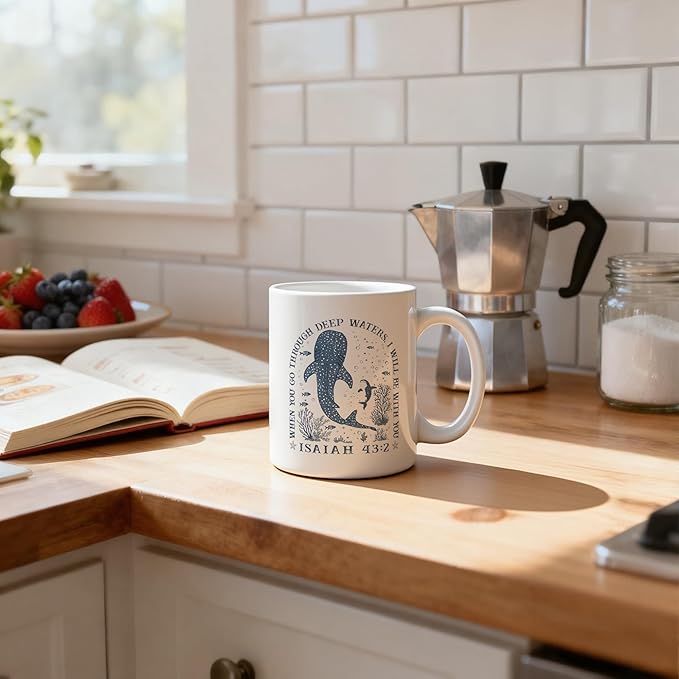 Whale Shark Christian Mug 11 oz, Christian Gifts for Women Men, Isaiah 43:2 Bible Verse Coffee Cups Ceramic, Coastal Beach Religious Ceramic Mug for Coffee Tea Hot Cocoa Home Office Work