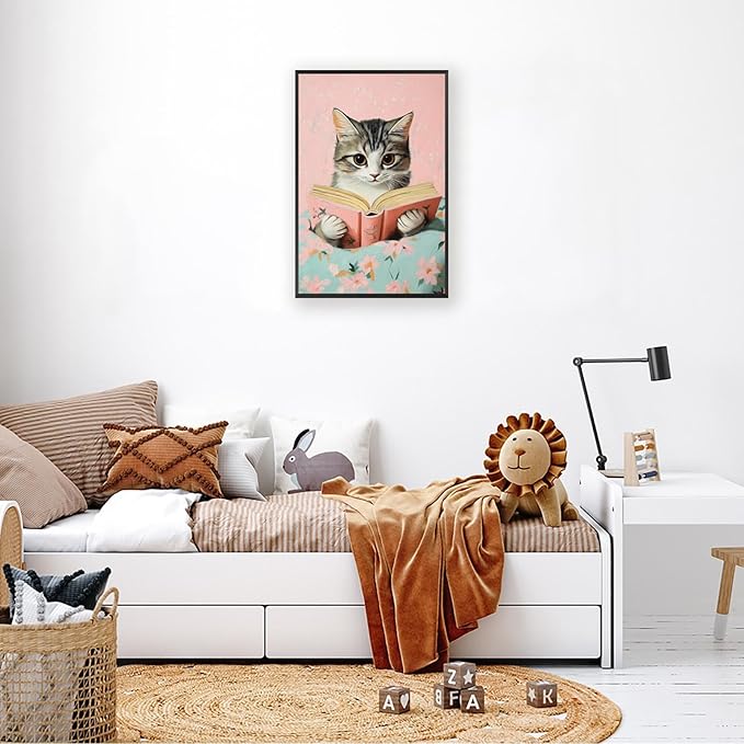 Vintage Cat In Bed Canvas Wall Art Funny Cute Cats Reading Books Poster Retro Pink Girls Room Pet Animal Aesthetic Prints Painting For Home Bedroom Kids Room Dorm Wall Decor 8x12in Framed
