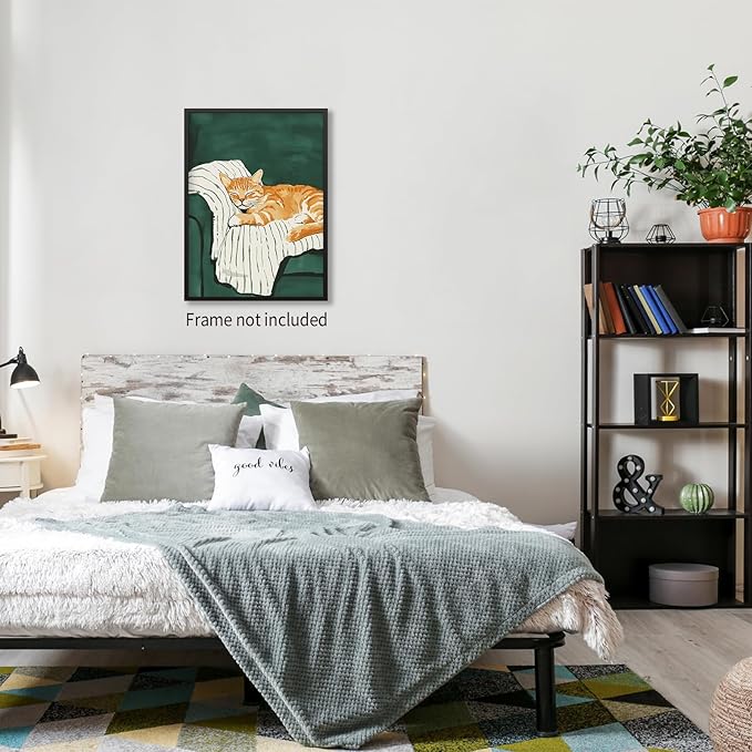 Sleeping Orange Cat poster Green Aesthetic Wall Art Preppy Funky Cute Animal Canvas Painting Gift For Cat Lover for Cozy Room Wall Decor 12x16 inch Unframed