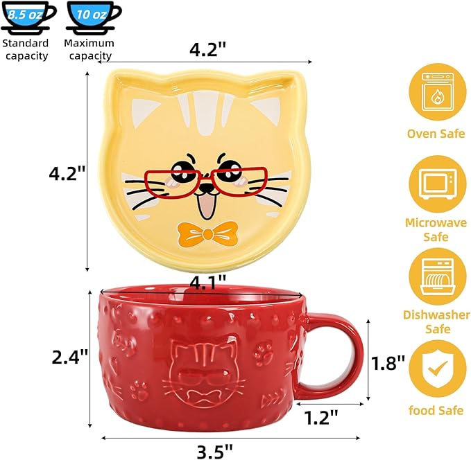 Cididu Set of 2 Cute Cat Mug with Lid, 10 Oz Ceramic Coffee Milk Mugs with Coaster, Kawaii Tea Cup for Cat Lovers, Novelty Breakfast Mugs Birthday Gifts for Girls Women Mother's Day Animal Lovers