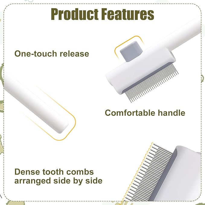 Pet Hair Remover Comb, Cat Brush with Release Button Self-Cleaning Pet Grooming Brush for Shedding Tangles & Removal Loose Hair for Dogs Cats (Long & Short Teeth)