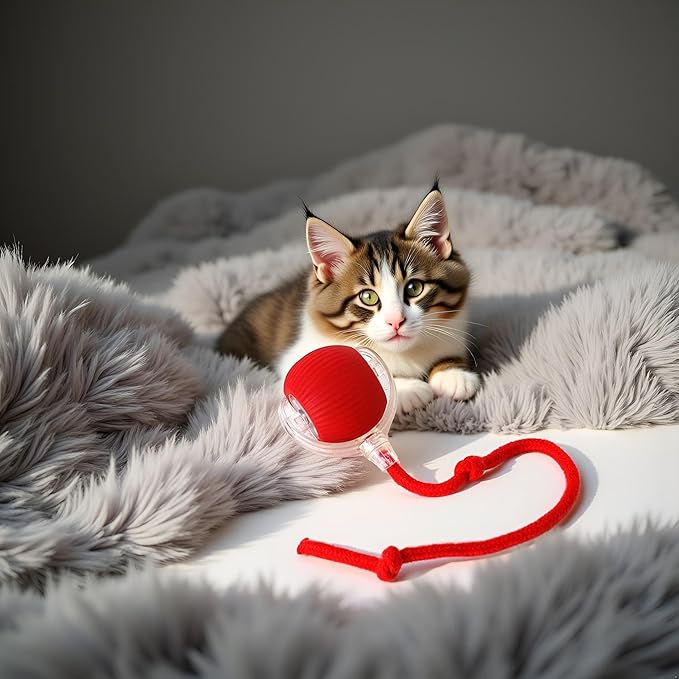 Interactive Dog Cat Toy Ball, Electric Automatic Rolling Moving USB Rechargeable Self Activated Stimulation Cat Toys for Indoor Cats and Dogs with Speedy Tail Rope(red).