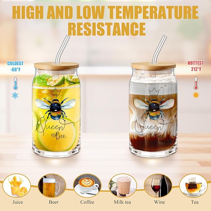 Hushee 3 Pcs Bee Theme Gifts for Mother Day Happy Makeup Bag and Glass Cup with Lid Straw Keychain Inspirational for Mom Friend Sister Coworker