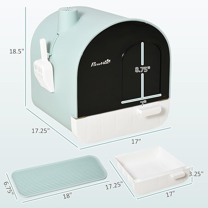 PawHut Cat Litter Box with Lid, Covered Litter Box for Indoor Cats with Tray, Scoop, Mat, Filter, 17" x 17" x 18.5", Green