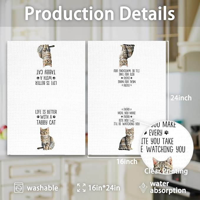 Tabby Cat Gifts Kitchen Towels Set of 2, Gifts for TabbyCat Lovers Hand Towels, Life is Better with a Tabby Cat Dish Towel Tea Towel for Kitchen, Cat Kitty Owners Kitchen Decor, 16x24In