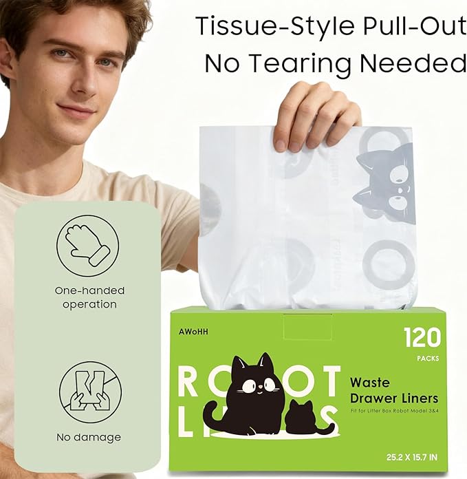 120 Tidy Draw-Pack Cat Litter Box Robot 5/4/3 Waste Bags Automatic Litter Box Bags, Tear-free, Sensor-compatible, Thick Heavy Duty Cat Litter Box Liner Bags 25.2 x 15.7 IN