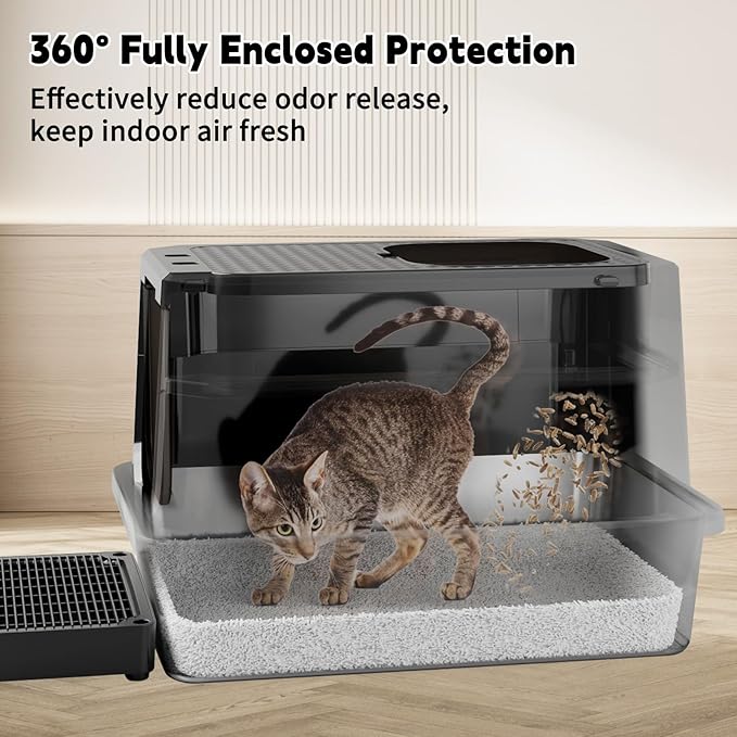 Enclosed Cat Litter Box: Large Stainless Steel Anti Leak Design - All Black - Controls Odor for Indoor Use