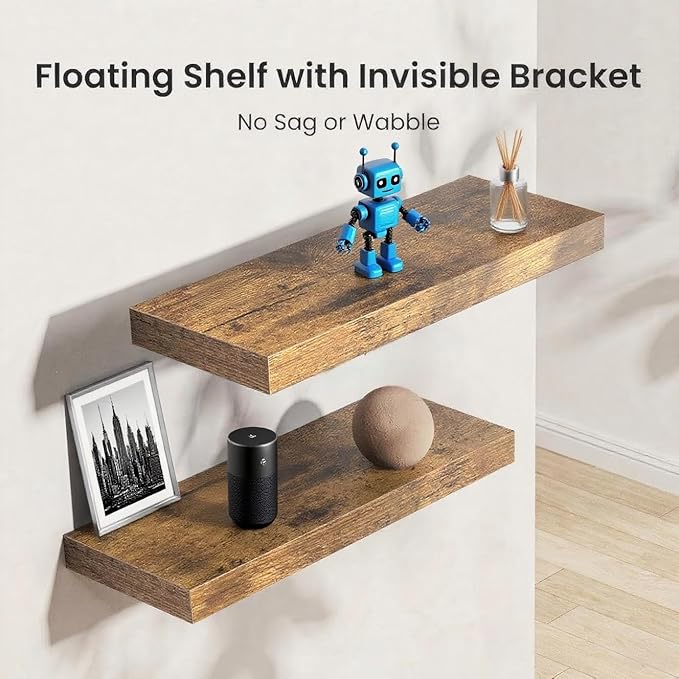 Vervida® 3 Pack Rustic Brown Floating Shelves, 24" W x 7.9" D x 1.5" H, Holds Up to 38 Lbs, for Living Room, Bedroom, Bathroom, Kitchen, Office, Storage, Display, with Invisible Brackets Wall Shelves