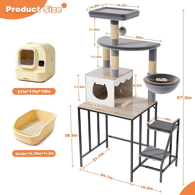 HavenlyYouth Cat Tree for Self-Cleaning Litter Box, 67.3''H Multi-Level Cat Tower for Automatic Litter Box 28.9H*24.1''L*21.1''D, Cat Tree Furniture with Perch and Cozy, Light Gray