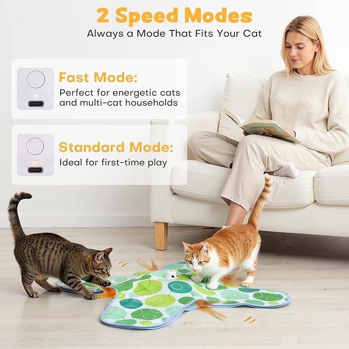 Interactive Cat Toys, Hide and Seek Cat Toy, 2 in 1 Automatic Moving Concealed Feathers for Indoor Cats, Non-Slip Suction, Touch Activated, USB Rechargeable, Green