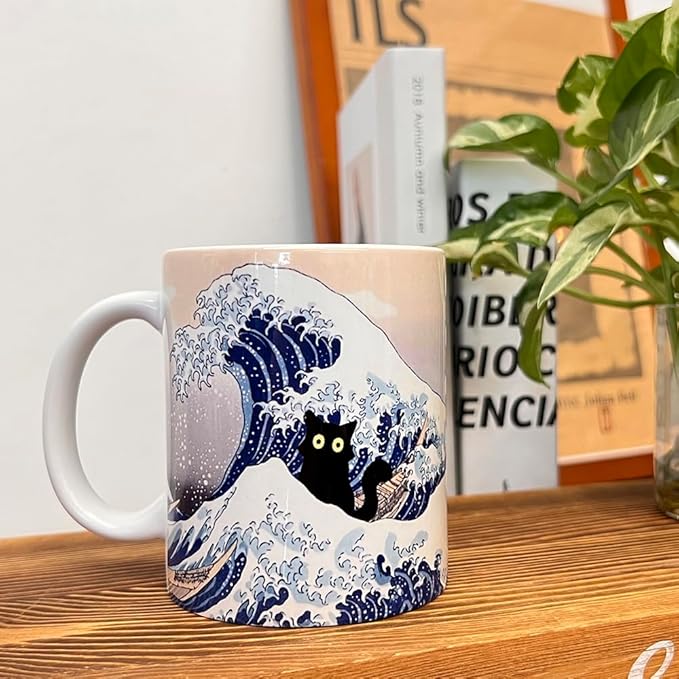 Famous Art Paintings Funny Cat Coffee Mug for Artist Teacher Cat Lovers, Famous Picture Classic Vincent Art Aesthetic Canvas Mug Birthday Gift for Women Man (The Great Wave)