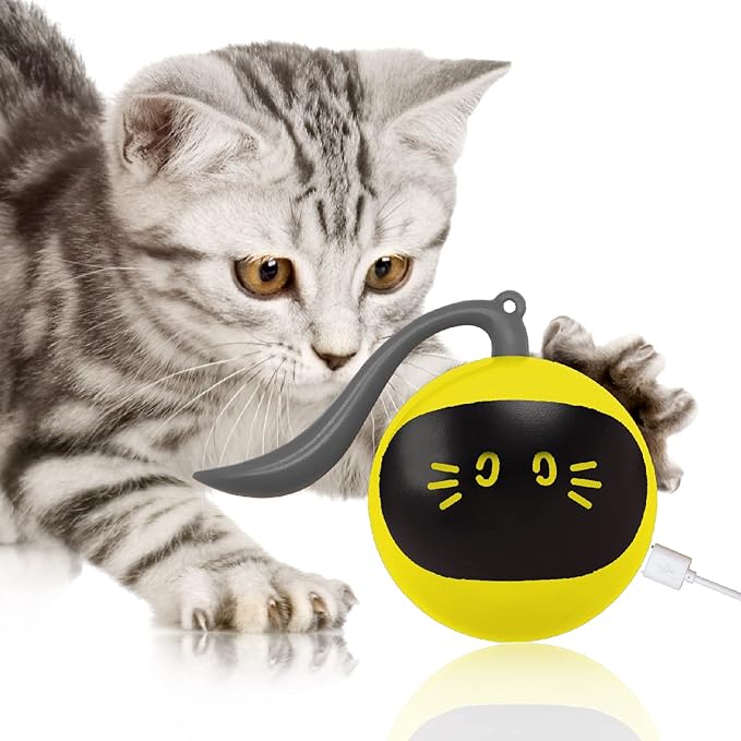 FOFOS Cat Toys 360°Self Rolling Ball Toy Interactive Toys Cat Wand Teaser Toys USB Charging Hunting Exercise Toys Indoor Gifts for Kitten/Puppy/Small Dogs (Yellow)