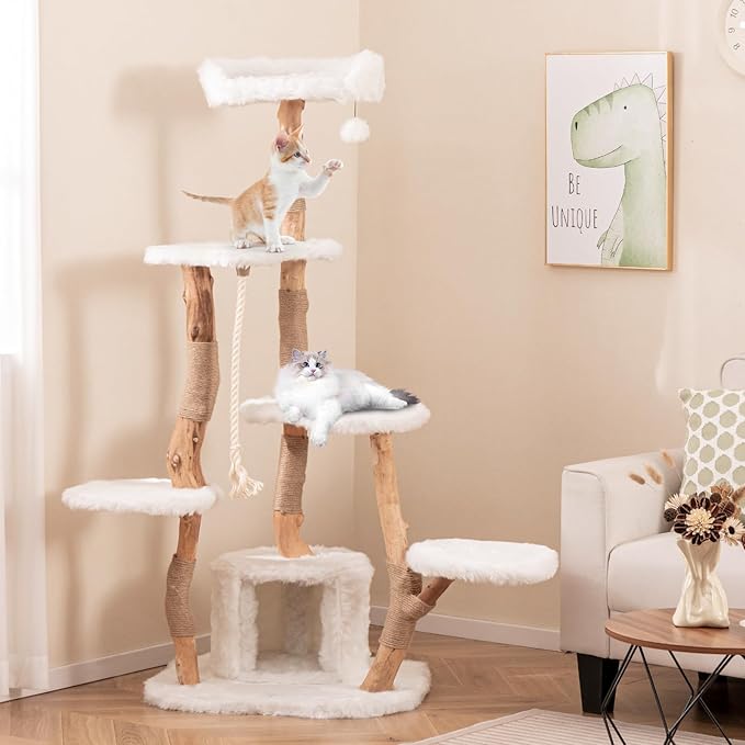 Tangkula Solid Wood Cat Tree, Modern Wooden Cat Tower with Jute Scratching Posts, Perch, Condo, Sisal Rope, Dangling Ball, Soft Long Plush, 66 Inch Tall Cat Tree Tower for Indoor Cats Large Adult