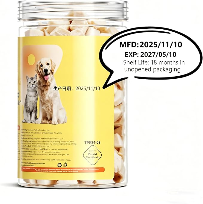 Freeze Dried Chicken Cat & Dog Treat, High Protein & Low Fat, Single Ingredient Natural Dehydrated Chicken Cube, Weight Control &Training Treats, Nutritional Food Topper for Pets