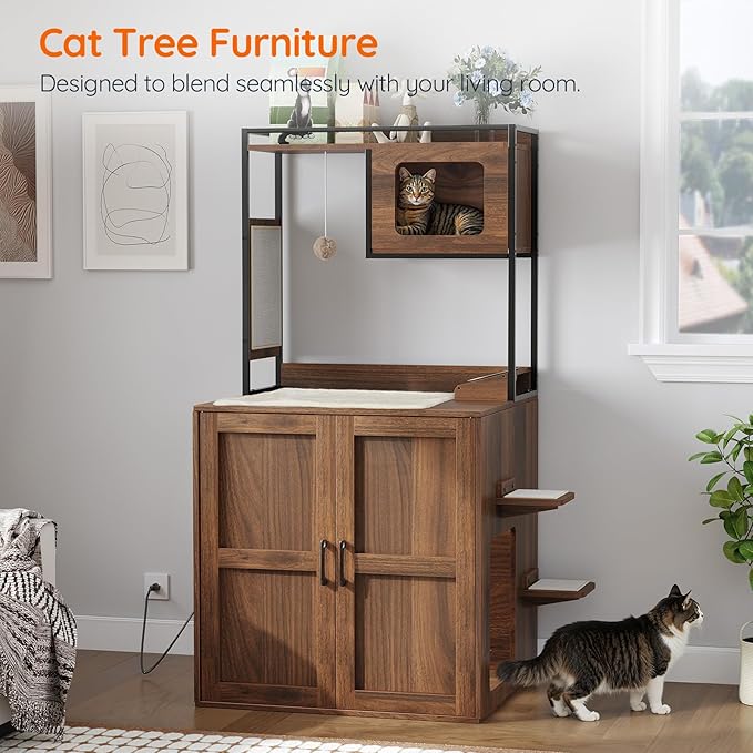 HOOBRO Cat Automatic Litter Box Enclosure Furniture, 30.5" L x 26.8" W x 61" H, Hidden Robotic Litter Box Cabinet, Dog-Proof Shelf with Charging Station, Scratching Mat, Bowls, Walnut WL68UMZ03N1