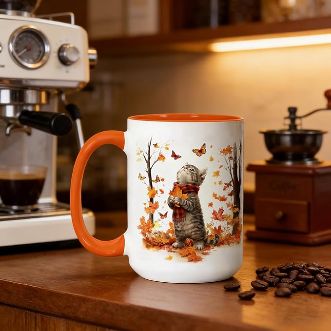 Cute Cat Coffee Mug for Cat Lovers, Fall Maple Leaf Kitten Mug, 15oz White Large Ceramic Tea Cup with Orange Handle, Ideal for Hot & Cold Drinks, Fun Novelty Gift for Women and Coworkers