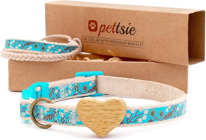 Pettsie Breakaway Cat Collar with Wooden Heart Charm & Matching Owner Bracelet – Soft Cotton, Adjustable Safety Collar for Cats, Lightweight & Stylish, 8"-11", Gift-Ready Set for Cat Lovers, Turquoise