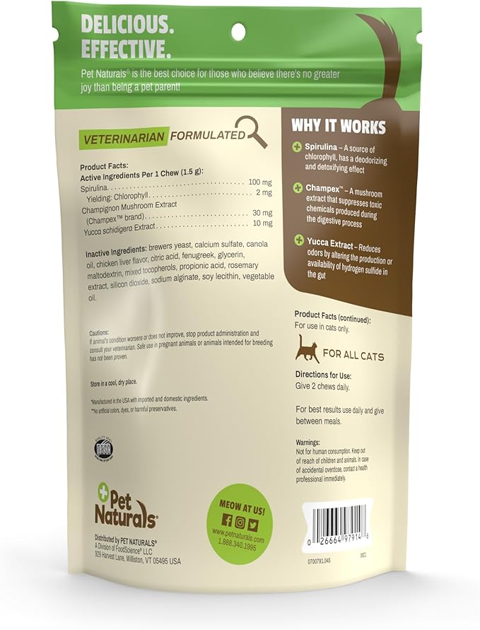 Pet Naturals Clean Scat for Cats – 45 Bite-Sized Chews, Litter Box Odor Control & Intestinal Cat Support Supplement with Spirulina, Yucca & Champignon Extract for Stool Odor Balance, Chicken Flavor