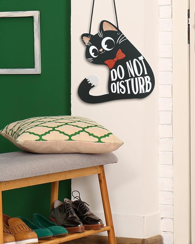Putuo Decor Do Not Disturb Sign Welcome Please Knock, Cute Cat Door Sign Decor Reversible Double Sided Aesthetic Hanger Plaque for Room Front Door Porch Home Decor, Cat Lover Gifts Black
