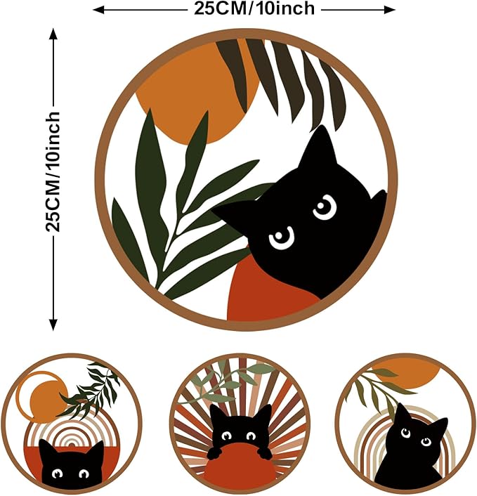 MDFUGEG Boho Black Cat Wall Decor,Black Cat Room Decor Aesthetic,4 PCS 10x10 Inches Mid Century Bohemian Abstract Moon and Sun Metal Sign for Nursery,Living Room,Bedroom,Cat Lover Gifts
