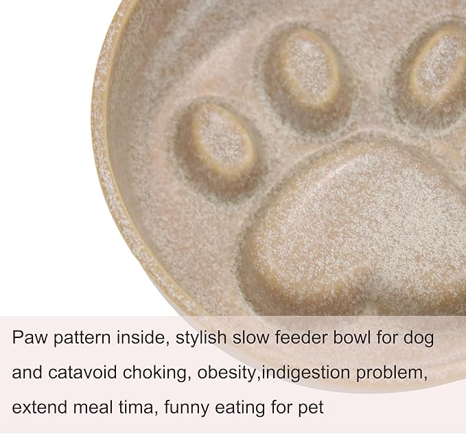 Ceramic Slow Feeder Bowl, 6.69 x 5.7 inches, Elevated Design with Paw Pattern, for Cats and Small Dogs (Khaki)