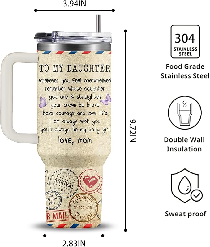 40oz Daughter Tumbler from Mom, Letter to My Daughter Coffee Mug - Envelope Style Inspirational Gift for Adult Daughters, Birthday Christmas Gift from Mother, Best Daughters Ever Travel Cup