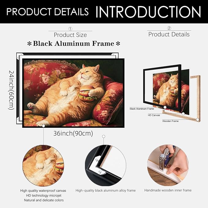 Victorian Renaissance Canvas Poster Funny Fat Cat With Hamburger Wall Art Lying In Sofa Cute Cat Painting Wall Decor 24x36 inch Black Framed for Animal Lover Gift