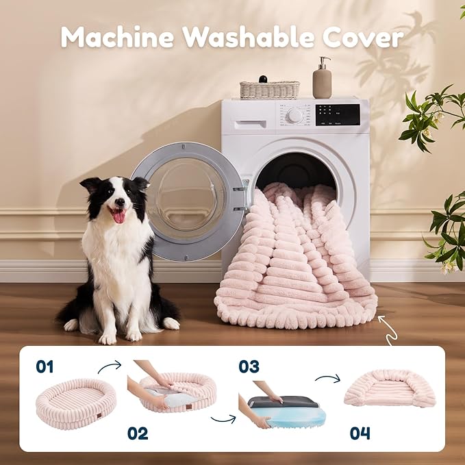 ChiXnuggle Dog Bed Medium Sized Dog - Luxury Striped Faux Fur Waterproof Pet Couch with Removable Washable Cover, Orthopedic Pet Bed with Bolster Sides for Sleeping, Pink