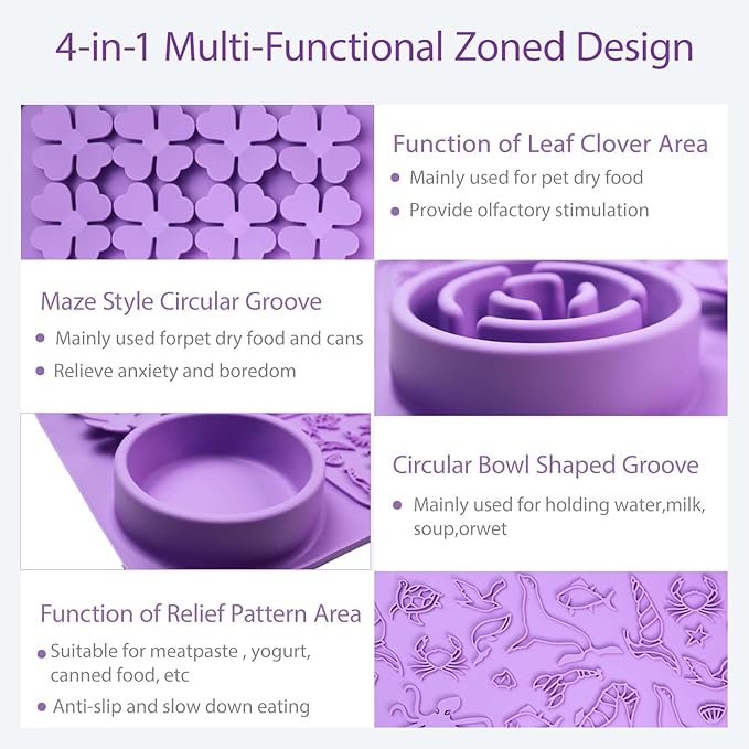 Silicone Snuffle Mat for Dogs and Cats 4 in 1 Purple - Dog Lick Mat with Slow Feeder Bowl - Reusable Pads for Pets with Suction Cups, Puzzle Toys for Bored Puppy, Collapsible Dog Water Bowl