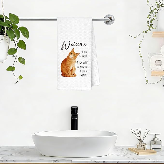 Funny Orange Tabby Cat Bathroom Hand Towels, Cat Lovers Mom Dad Lady Gifts, Welcome to The Bathroom Orange Kitten Decorative Hand Towels for Washroom Restroom, 16x24 Inch