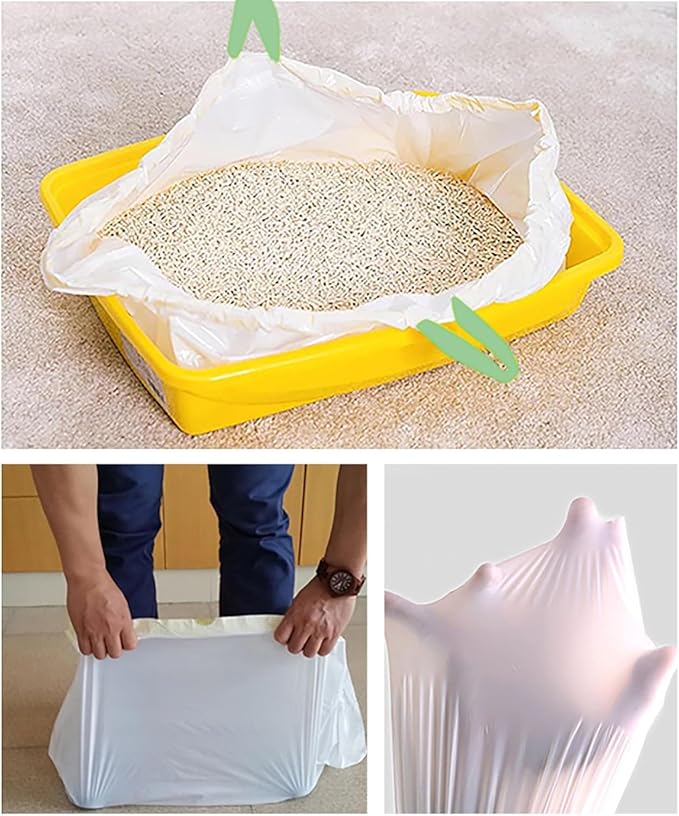 60 Count Cat Drawstring Litter Box Liners 26.6x16.7 inches 2Mils Super Thickfor Self-Cleaning Litter Box Cat Litter Pan Trays(Green Drawstring 60 count)