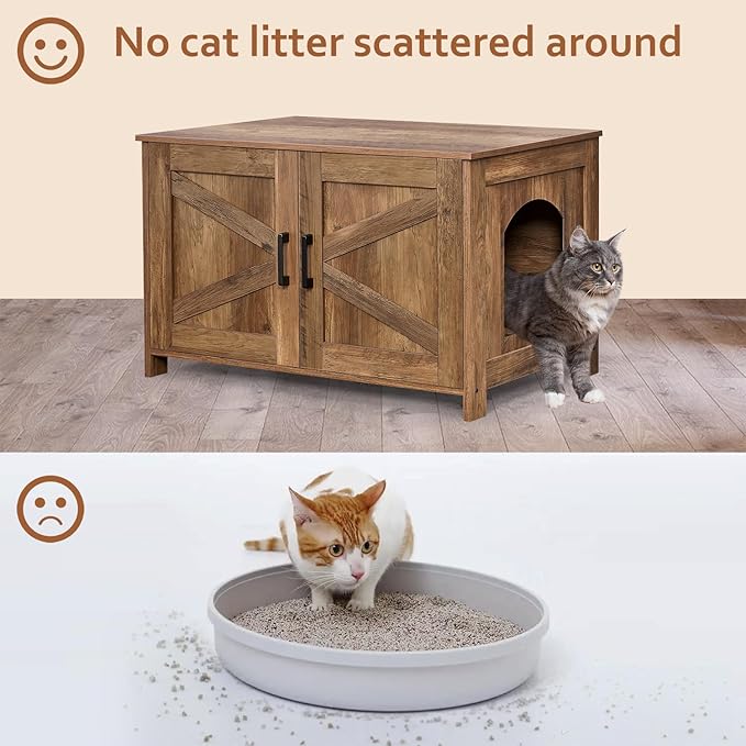 Homhedy Cat Litter Box Enclosure, Wooden Cat Washroom Furniture with Barn Door, Pet House, Fit Most of Litter Box, Rustic Walnut