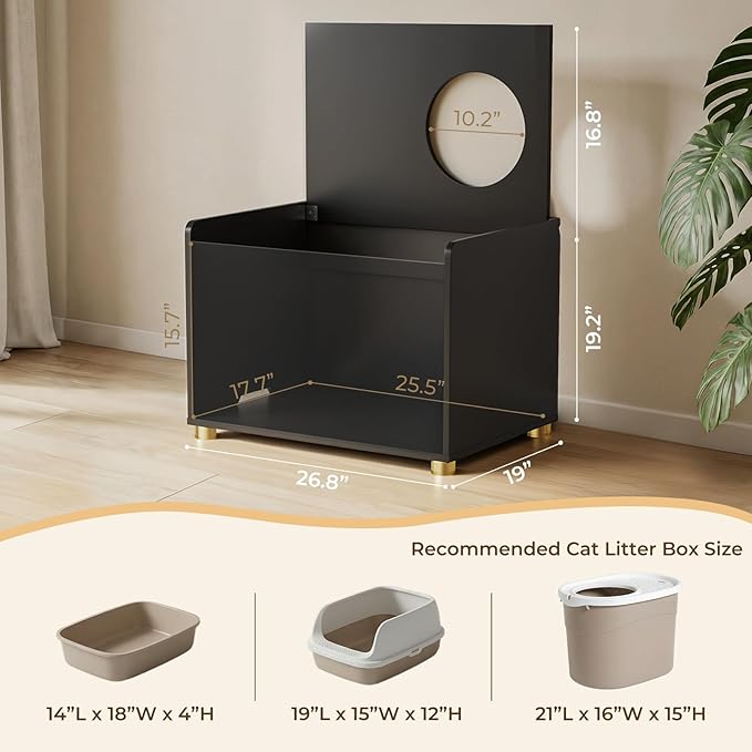 Top Entry Litter Box Enclosure, Flip Top Cat Litter Box Furniture with Scratch Mat, Stylish Hidden Cat Washroom for Large Cats (Black)