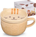 Cute Ceramic Cat Coffee Mug with Lid,Kawaii Coffee Mugs or Tea Cups for Cat Lovers,Funny Novelty Breakfast Mugs for Women Wife Mum Girls Boys Friends Kids Christmas Birthday Gift,300ML（Yellow）
