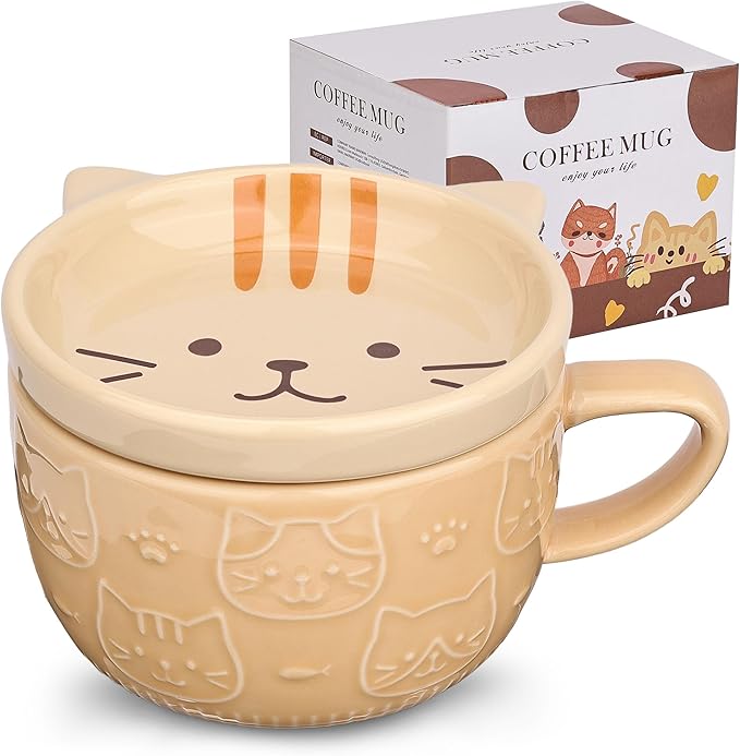 Cute Ceramic Cat Coffee Mug with Lid,Kawaii Coffee Mugs or Tea Cups for Cat Lovers,Funny Novelty Breakfast Mugs for Women Wife Mum Girls Boys Friends Kids Christmas Birthday Gift,300ML（Yellow）