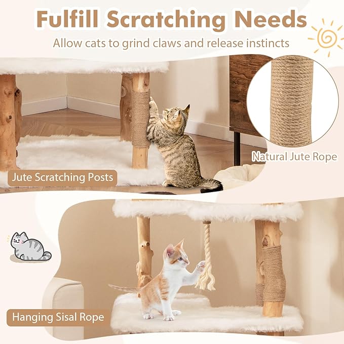 Tangkula Solid Wood Cat Tree, Modern Wooden Cat Tower with Jute Scratching Posts, 2 Perches, Condo, Sisal Rope, Soft Long Plush, 60 Inch Tall Cat Tree Tower for Indoor Cats Large Adult